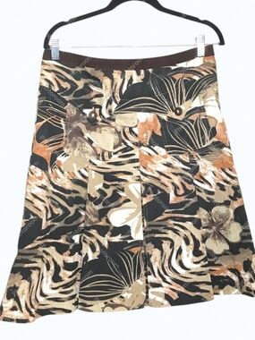 Cottagecore Floral A-Line Skirt Brown Beige Pleated Size 10
